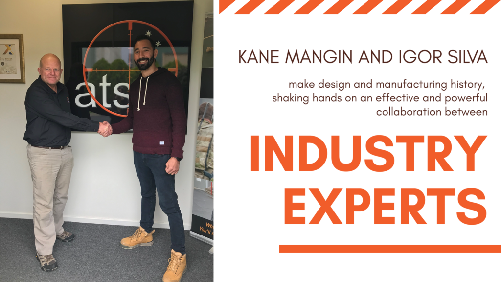 Igor Silva and Kane Mangin handshake, text: Kane Mangin and Igor Silva make design and manufacturing history shaking hands on the efficient collaboration between industry experts.